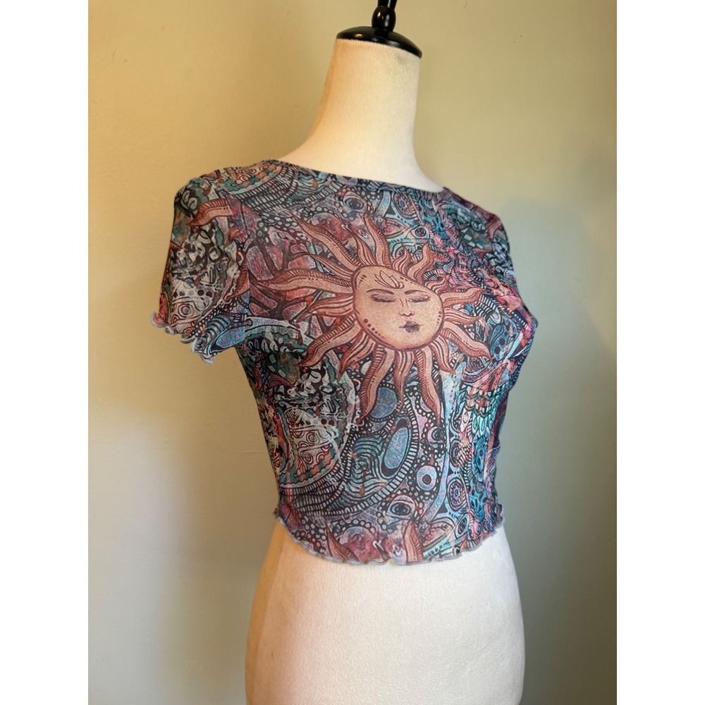 Boho Celestial Sun Mesh Crop Top Sheer Small boho whimsigoth grunge y2k colorful